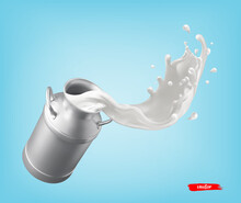 Milk Can Container And Milk Splash On Blue Background. 3d Vector Realistic Elements For Milk Package Design.