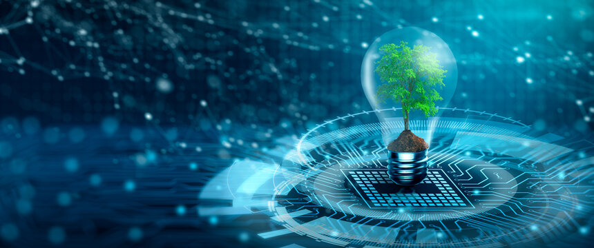 Wall Mural -  - Tree with soil growing on  Light bulb. Digital Convergence and and Technology Convergence. Blue light and network background. Green Computing, Green Technology, Green IT, csr, and IT ethics Concept.
