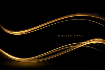 Fototapete - Abstract Gold Waves. Shiny golden moving lines design element with glitter effect on dark background for greeting card and disqount voucher.