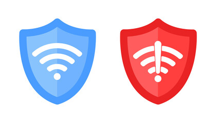 Wall Mural - Wireless shield with text VPN and no VPN wifi icon sign flat design vector illustration. Wifi internet signal symbols in the security shield isolated on white background.