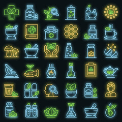 Poster - Phytotherapy icons set. Outline set of phytotherapy vector icons neon color on black