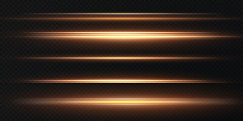 Wall Mural - Gold horizontal lens flares pack. Laser beams, horizontal light rays. Beautiful light flares. Glowing streaks on light background. Luminous abstract sparkling lined background.