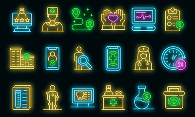 Sticker - Private clinic icons set. Outline set of private clinic vector icons neon color on black