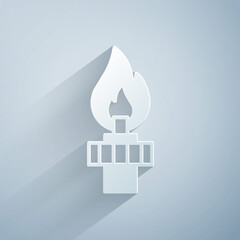 Poster - Paper cut Oil rig with fire icon isolated on grey background. Gas tower. Industrial object. Paper art style. Vector