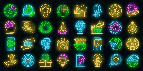 Poster - Innovation icons set. Outline set of innovation vector icons neon color on black