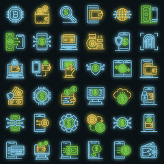 Poster - Digital wallet icons set. Outline set of digital wallet vector icons neon color on black