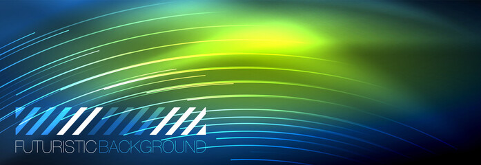 Neon glowing lines, magic energy and light motion background. Vector wallpaper template