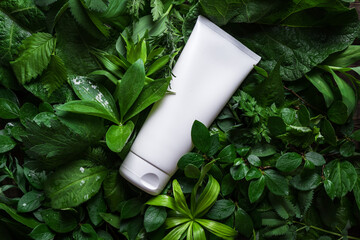 Cosmetic product on green leaves