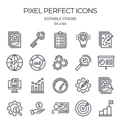 KPI key performance indicators concept related editable stroke outline icons set isolated on white background flat vector illustration. Pixel perfect. 64 x 64.