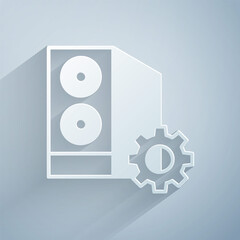 Poster - Paper cut Case of computer setting icon isolated on grey background. Computer server. Workstation. Adjusting, service, maintenance, repair, fixing. Paper art style. Vector