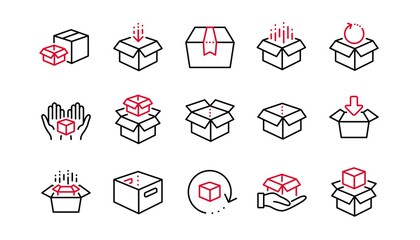 Poster - Box line icons. Package, delivery boxes, cargo box. Cargo distribution, export boxes, return parcel icons. Shipment of goods, open package. Linear set. Linear set. Quality line set. Vector