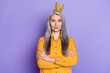 Portrait of attractive serious content woman wearing crown folded arms isolated on bright violet purple color background