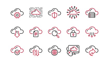 Poster - computer cloud icons. hosting, computing data and file storage. computer sync technology linear icon