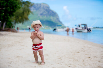 Sticker - Sweet toddler boy, playing in shallow water on a tropical beach