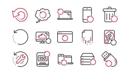 Poster - Recovery line icons. Backup, Restore data and recover file. Laptop renew, drive repair and phone recovery icons. Linear set. Linear set. Quality line set. Vector