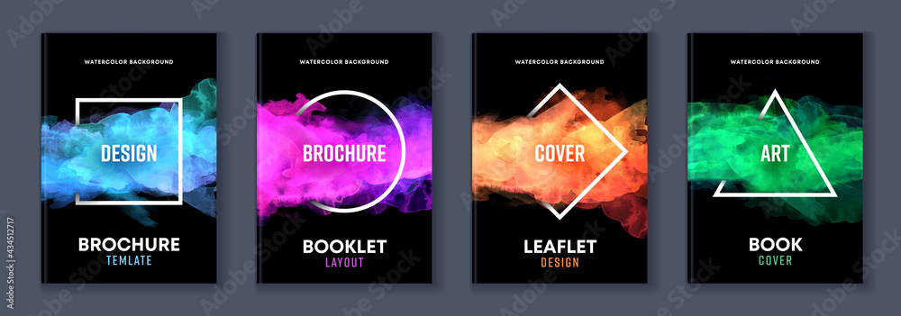 Watercolor booklet brochure colourful abstract layout cover design template bundle set with black background and geometric frame - obrazy, fototapety, plakaty 