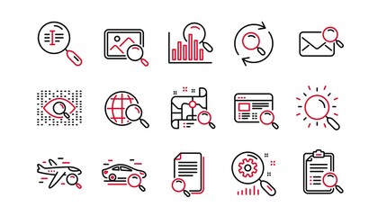 Poster - search line icons. indexation, artificial intelligence and car rental. search images linear icon set