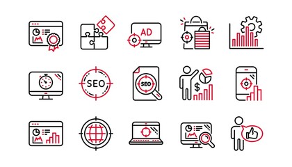 Poster - seo line icons. increase sales, business strategy and search optimization. analytics linear icon set