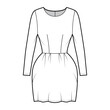 © Vectoressa - Dress bell technical fashion illustration with long sleeves, fitted body, mini length pencil skirt. Flat apparel front, white color style. Women, men unisex CAD mockup