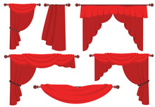 Red Curtains Flat Illustrations Set. Collection Of Luxury Red Silk Curtains And Draperies. Interior Decoration Design.