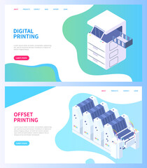 set of illustrations on theme of printing. isometric factory printer. photocopier isolated on dark b