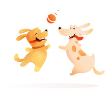 Two Dogs Best Friends Playing Together, Puppy And A Dog Jumping In The Air To Catch A Ball. Happy Doggie Pets Jumping Fetching A Ball. Vector Illustration For Kids.