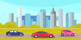 Fototapeta  - Cars drive on an asphalt road against background of tall buildings of city landscape. Urban road and street vehicle summertime flat vector illustration. Automobile transport in metropolis, traffic
