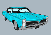 Cartoon Car American Classic Muscle Car Blue Illustration