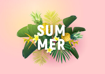 Summer tropical vector design for banner or flyer with exotic palm leaves, flowers and typography.