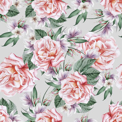  Bright seamless pattern with flowers. Rose. Watercolor illustration. Hand drawn.