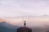 Fototapeta  - woman on top of a mountain with a torch, concept of success