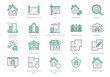 Real estate line icons. Vector illustration include icon - house, insurance, commercial, blueprint, townhouse, keys, shop, store outline pictogram for property agency Green Color, Editable Stroke