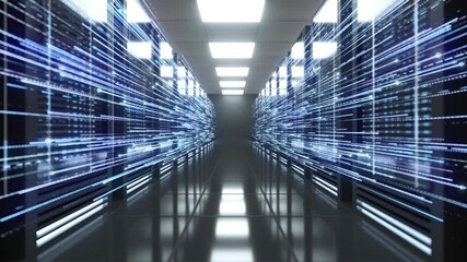 Digital blue line information flying in data centers with ig server room. 4K footage dolly moving camera throw data server computers. Network and information servers behind glass panels.