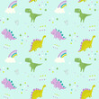 seamless pattern with dinosaurs and rainbow