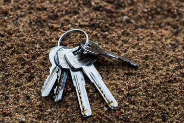 Aufkleber - a bunch of silver keys lie on the sand. lost keys