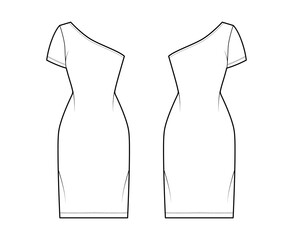 Dress one shoulder technical fashion illustration with short sleeve, fitted body, knee length pencil skirt. Flat apparel front, back, white color style. Women, men unisex CAD mockup