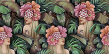 Tropical Seamless Pattern With Beautiful Blonde Women, Bouquets Of Hibiscus, Plumeria, Cactus Flowers, Monstera, Palm, Banana Leaves, Butterflies. Hand-drawn Vintage 3D Illustration For Lux Wallpapers