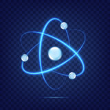 Fototapeta  - Atom icon isolated on transparent background. Fusion orbit spin. Neon light atomic neutron. Atom blue color. Nuclear atom. 3d cell nucleus. Molecule fusion. Proton core symbol. Ion element. Vector
