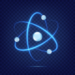 atom icon isolated on transparent background. fusion orbit spin. neon light atomic neutron. atom blu