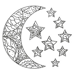 Wall Mural - Moon and star with abstract patterns on isolation background. Design for spiritual relaxation for adults. Line art creation. Black and white illustration for anti stress colouring page. Print t-shirts