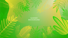 Colourful Minimal Summer Background With Flowers And Tropical Summer Leaf. Luxury Minimal Style Wallpaper With Golden Line Art Flower And Botanical Leaves, Organic Shapes. Summer Sale Banner Vector