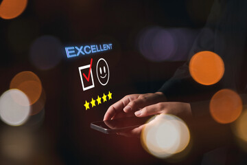 Customer review good rating concept hand pressing five star on visual screen and positive customer feedback testimonial.