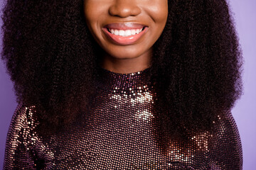 Wall Mural - Cropped photo of african young girl beaming shiny smile wear glossy shirt isolated violet color background