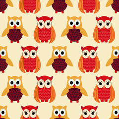 Poster - Retro coloured owls repeat pattern print background