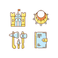 Wall Mural - Antiquities excavation RGB color icons set. Medieval castle. Excavated treasure. Stone age weapons. Old texts. Fortress, palace. Earring, necklace. Hand axes, scrapers. Isolated vector illustrations