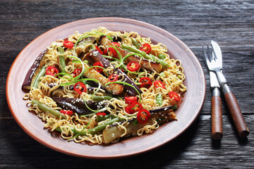 Wall Mural - eggplant green bean noodle salad, top view