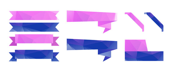 Wall Mural - Group of ribbons, low polygonal vector labels. Purple and blue banners from triangles