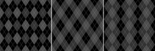 Argyle Pattern Set In Black And Dark Grey. Seamless Diamond Rhombus Check Stitched Background Graphic Vector For Socks, Wallpaper, Jumper, Sweater, Other Modern Spring Autumn Fashion Textile Or Paper.