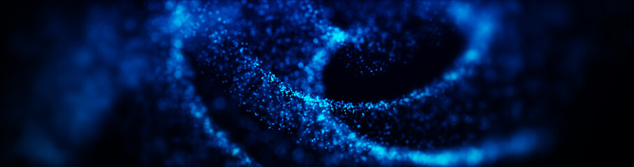 Poster - Wave of dust particles. Futuristic point wave Abstract wave dots in blue background . 3d rendering