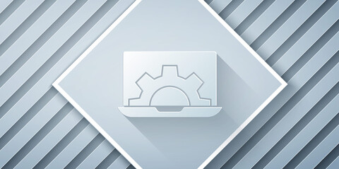 Poster - Paper cut Software, web development, programming concept icon isolated on grey background. Programming language and program code on screen laptop. Paper art style. Vector